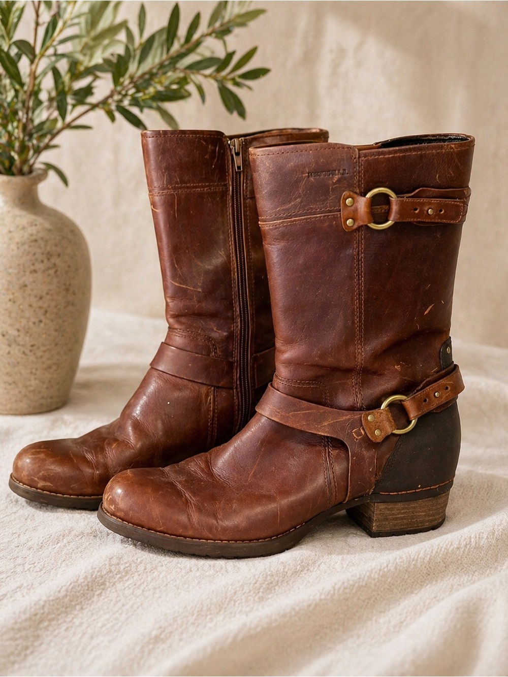 Teva Brown Leather Mid-Calf Harness Boots with Buckle Accents